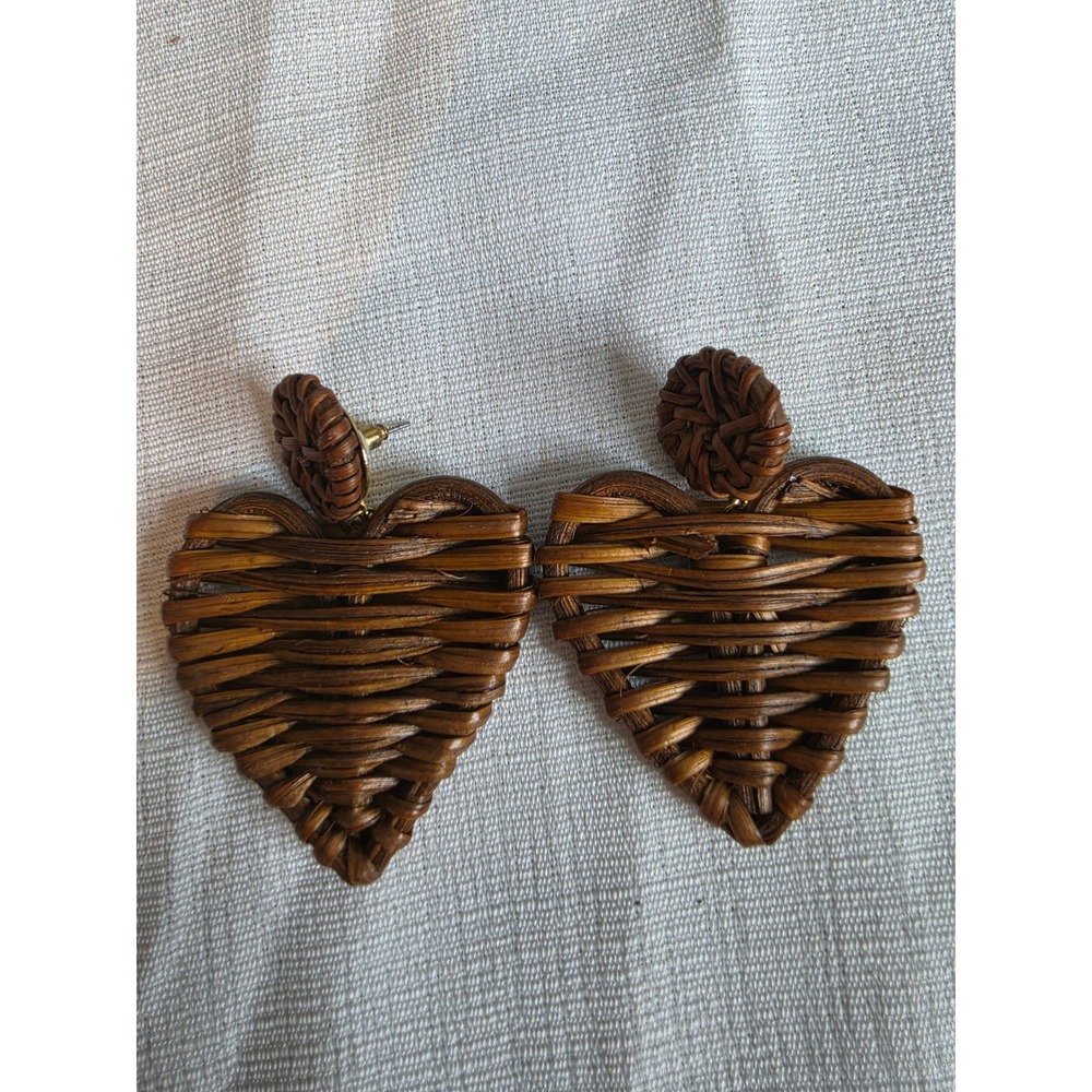 Woven Rattan Heart Drop Earrings Brown Boho Statement Jewelry Post Back